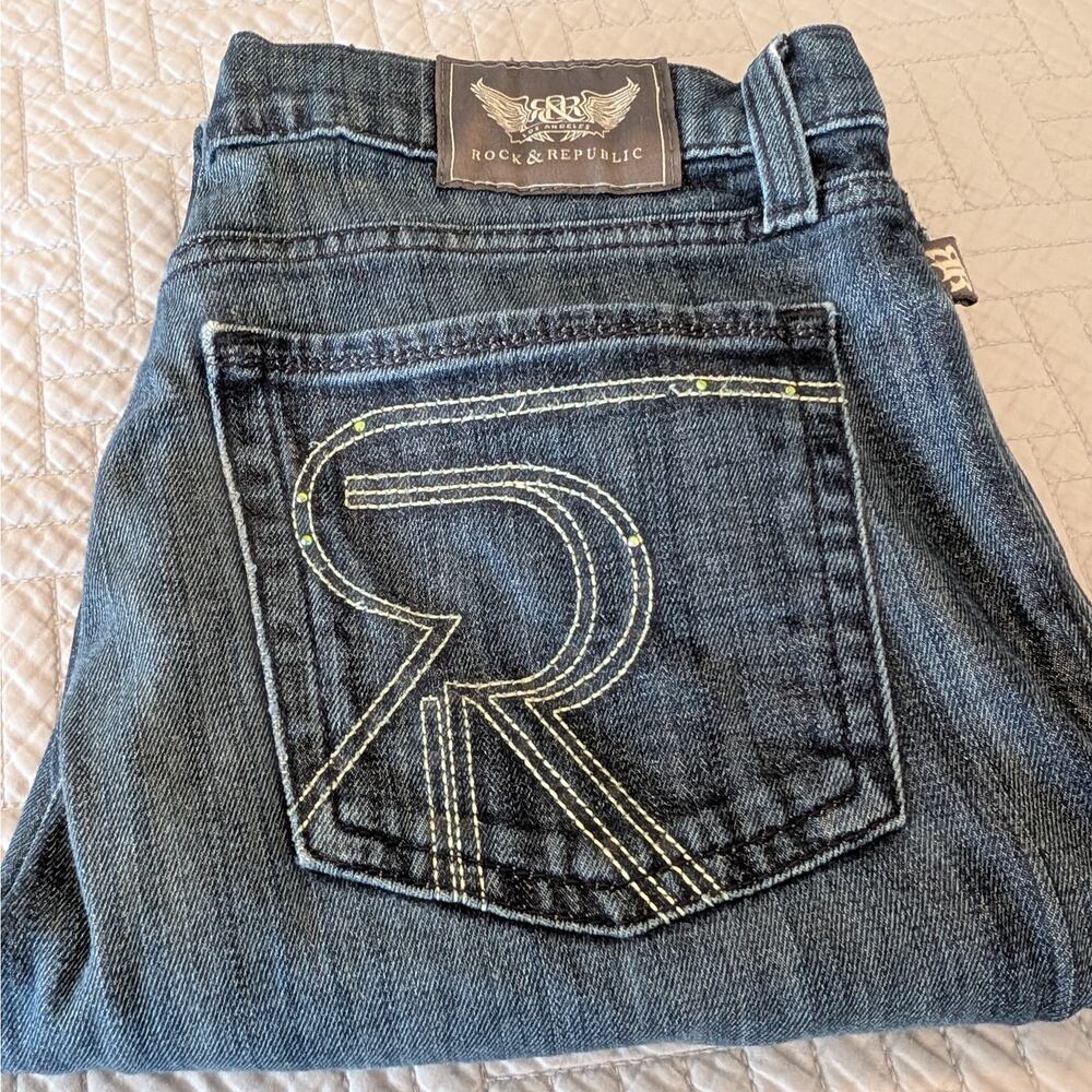 Rock & Republic Jeans Women's Size 31 Green Rhinestone Back Pockets (0355)